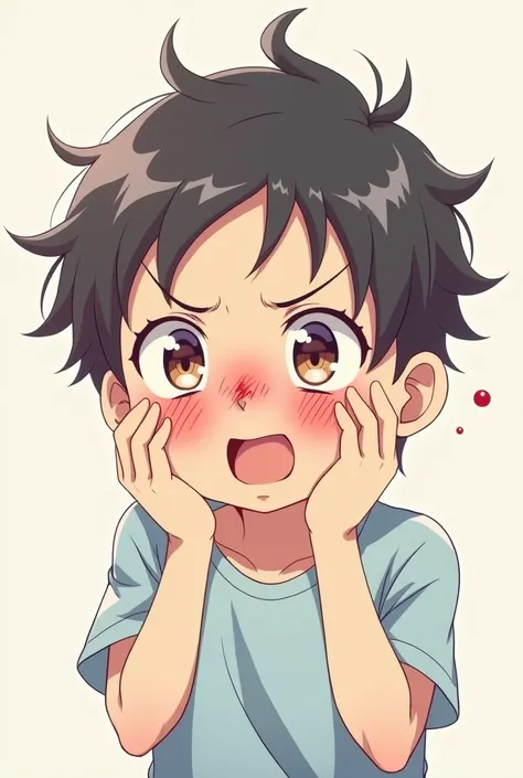 A boy from the anime feels embarrassed and ashamed, but he is happy and his nose is bleeding