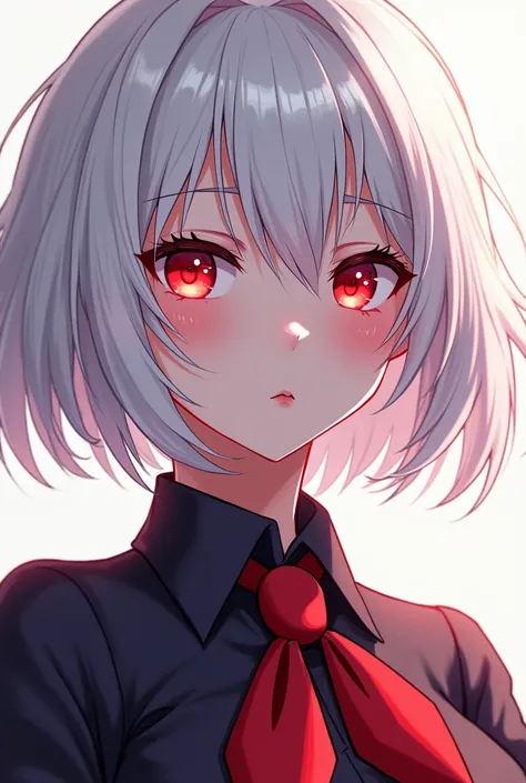 Katarina_Valentine, short, well-defined white hair ,  light and bright red eyes, background light, bang, makeup,  Detailed eyes, symmetrical face,  dynamic hair movement ,  dynamic pose , pixiv, anime, sharp focus, 35mm, ultra detail, , radiant light, cowb...