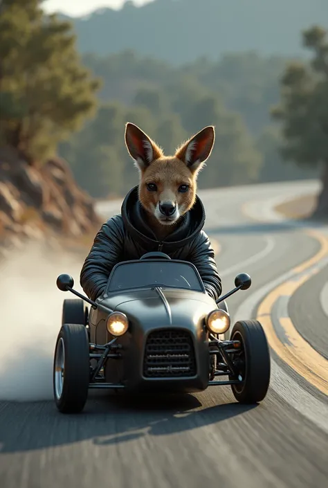 A kangaroo wearing a full-body jacket while driving a car while drifting 