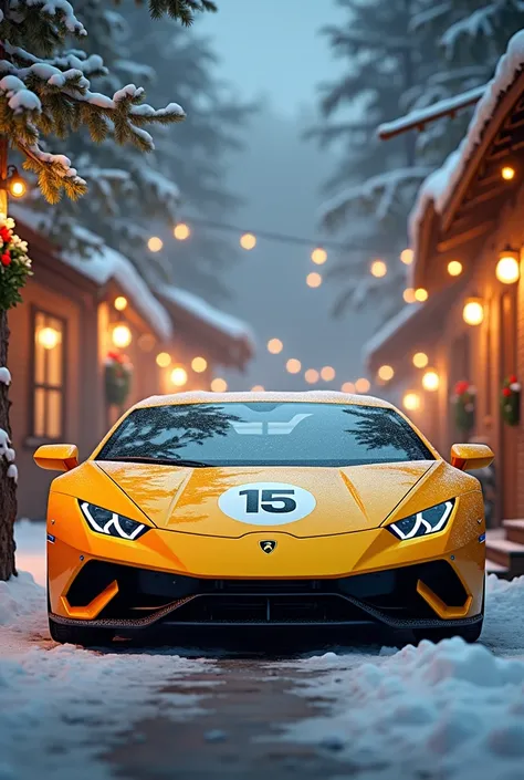 A yellow Lamborghini Huracan with the number 15 in a Christmas setting