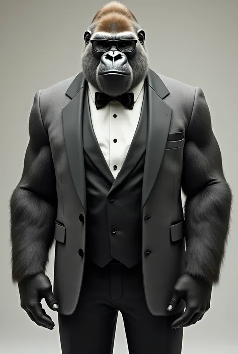 Gorilla with tuxedo and glasses gray suit