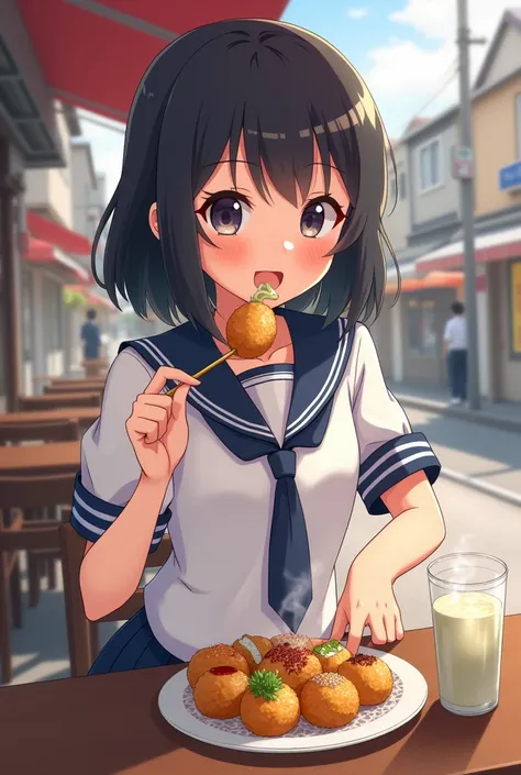 Cute  Japanese junior high school girl eating takoyaki, medium long black hair, sailor uniform