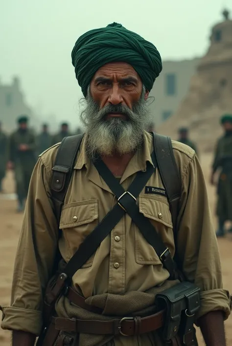 man in war zone, wearing green turban, detailed face, piercing eyes, detailed clothing, gritty environment, desolate landscape, battle-worn, cinematic lighting, dramatic shadows, muted color palette, sense of loneliness and isolation, (best quality,4k,8k,h...