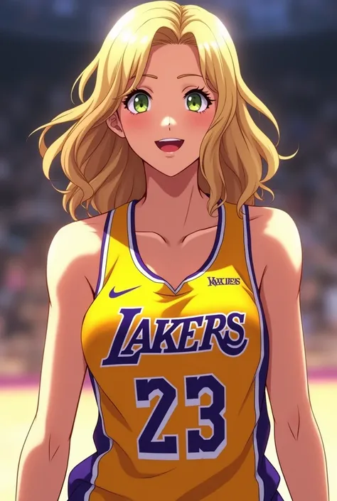 Lakers jersey, blonde short wavy hair, mature woman, anime, sporty, smiling