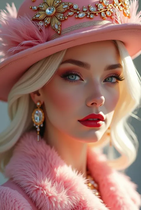 A glamorous woman with platinum blonde hair, wearing a luxurious pink hat adorned with ornate golden and crystal decorations, feathers, and intricate embellishments. Her makeup is flawlessly applied, with bold red lips and striking eyeshadow that accentuat...