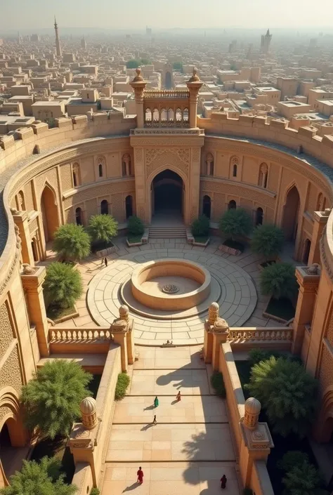 The typical circular building of the city of Baghdad ,  surrounded by high walls with large gates,  reflects the unique architecture of the Abbasid era 