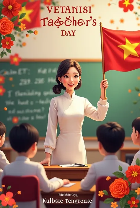  Poster celebrating Vietnamese Teachers Day 20-11  ( A photo of a teacher in a white tunic imparting knowledge to her students and holding a Vietnamese flag) 