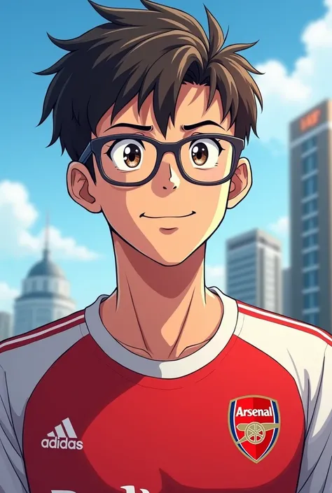 27 year old guy wearing glasses with short hair in arsenal jersey in anime style