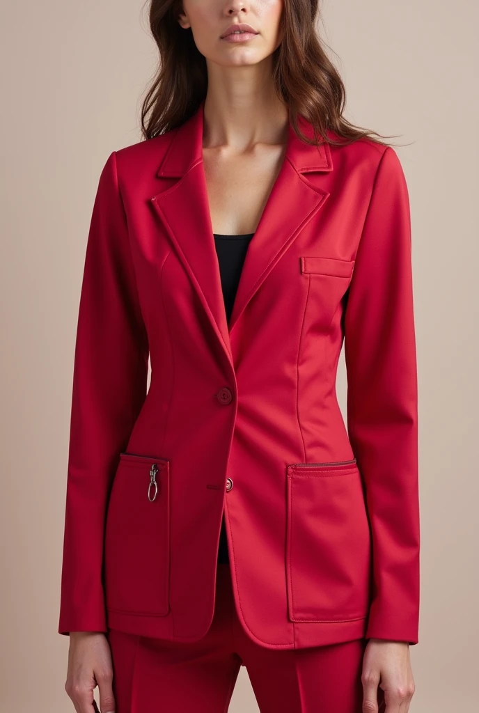 Design me a medical jacket with the following characteristics 
Let it be cherry 
Neru collar 2 to 3 toes tall 
With a clasp in the center are buttons 
Princess cut ( liston  ) 
Hidden pockets 
That the cost is not noticeable on the sleeves and the cut is C...