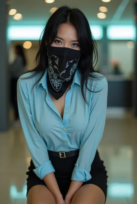 beautiful indonesian woman bank teller, black haired, medium length haired, wearing light blue blouse and hot skirt, hands tied up behind her back with ropes, gagged with soaking wet flat black bandana, no mouth, no hands, bright light,detailed face, mediu...