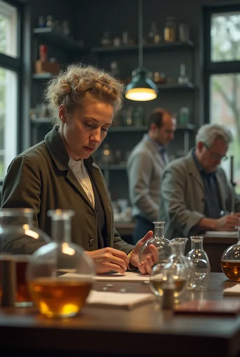 A photograph of Marie Curie with a person next door doing experiments sitting in front of the camera at a table and scientists doing experiments in the background