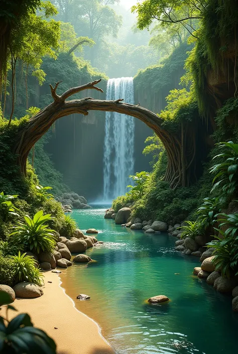 A Paludarium with a waterfall in the back corner and a river alongside the exposing face of the Paludarium with a branch and some spider woods crossing over the river. And sand alongside the river. I want a été forest type
