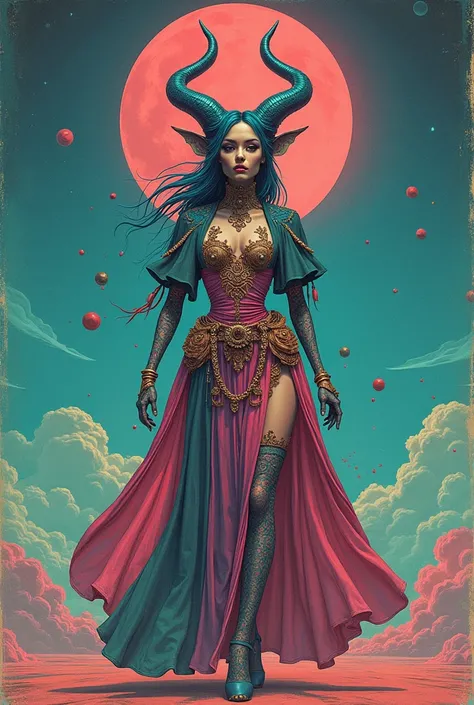 Demon vintage 1960s fashion sketch notes, vibrant and dreamlike with elements that evoke psychedelic influences, pastel grunge with seafoam by Android Jones, Jean Baptiste monge, Alberto Seveso, James Jean, Jeremy Mann, highly detailed and intricate profes...