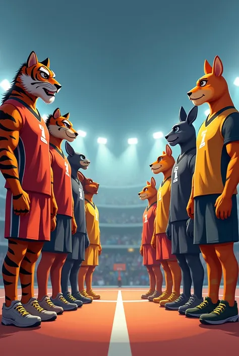 
[ Scene 1 :  teams introduction ]
 the two teams stand in line. are on one side "Angry Cats "  captained by Tiger Singh, and on the other side  " jumpers "  captained by Kangaroo Khan 