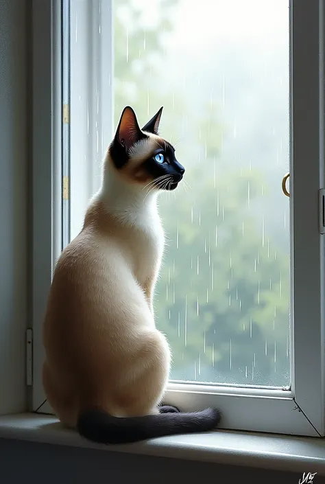 "A Siamese cat sitting on a window, watching the rain, watercolor style."