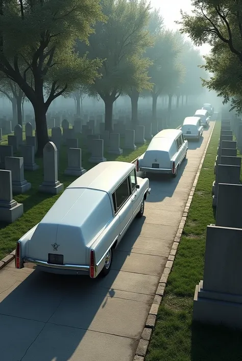 Two white modern hearses driving through graveyard full view