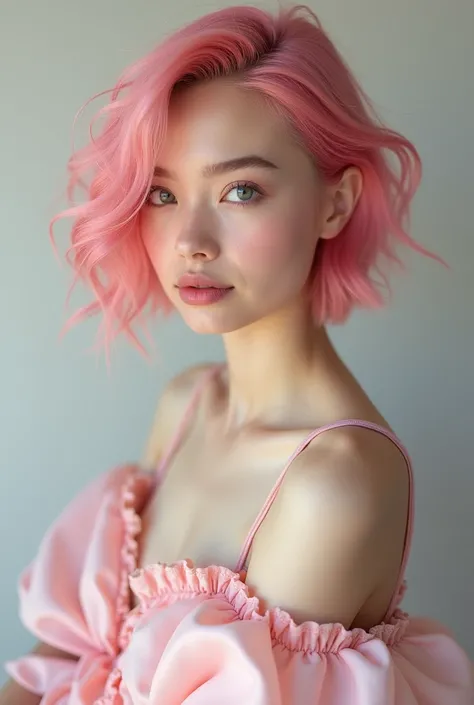 Real pictures of a beautiful girl, wearing a beautiful dress and her hair is short and pink