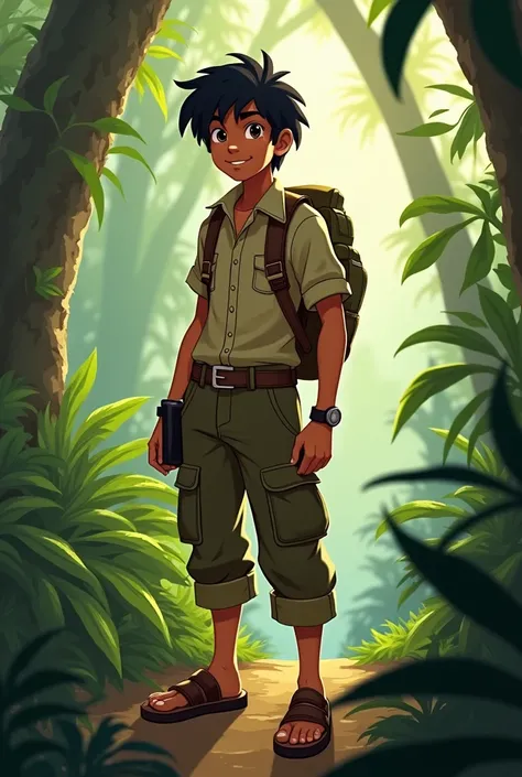 **Aarav - The Adventurous Guide**  
   - **Appearance:** Aarav is about , with tousled black hair, bright eyes, and a curious expression.
   - **Outfit:** Wears a sleeveless green vest over a light beige shirt, paired with earthy brown cargo pants to match...