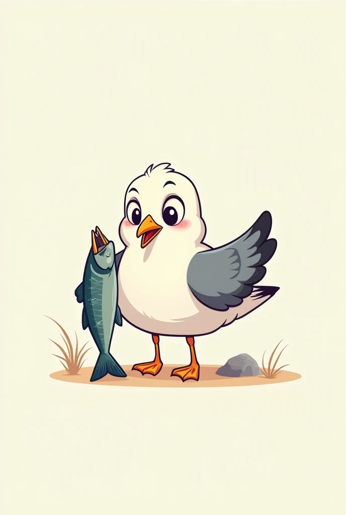 Design the seagull standing upright on two legs, mimicking a human posture and holding a fish in one of its wings (or a wing-like arm) vector cartoon