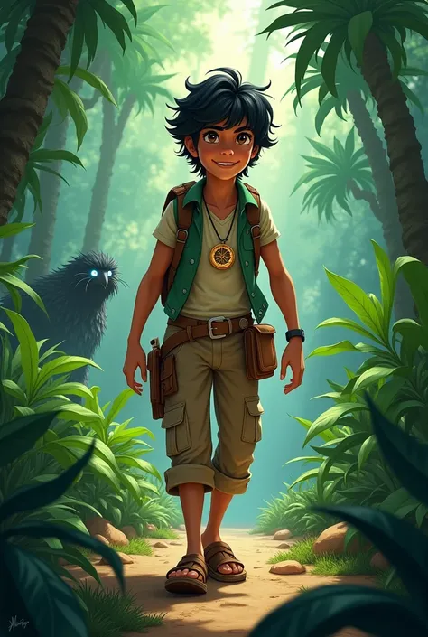 Aarav - The Adventurous Guide**  
   - **Appearance:** Aarav is about , with tousled black hair, bright eyes, and a curious expression.
   - **Outfit:** Wears a sleeveless green vest over a light beige shirt, paired with earthy brown cargo pants to match t...