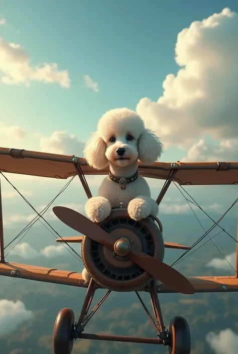 White Poodle flying a World War I plane
