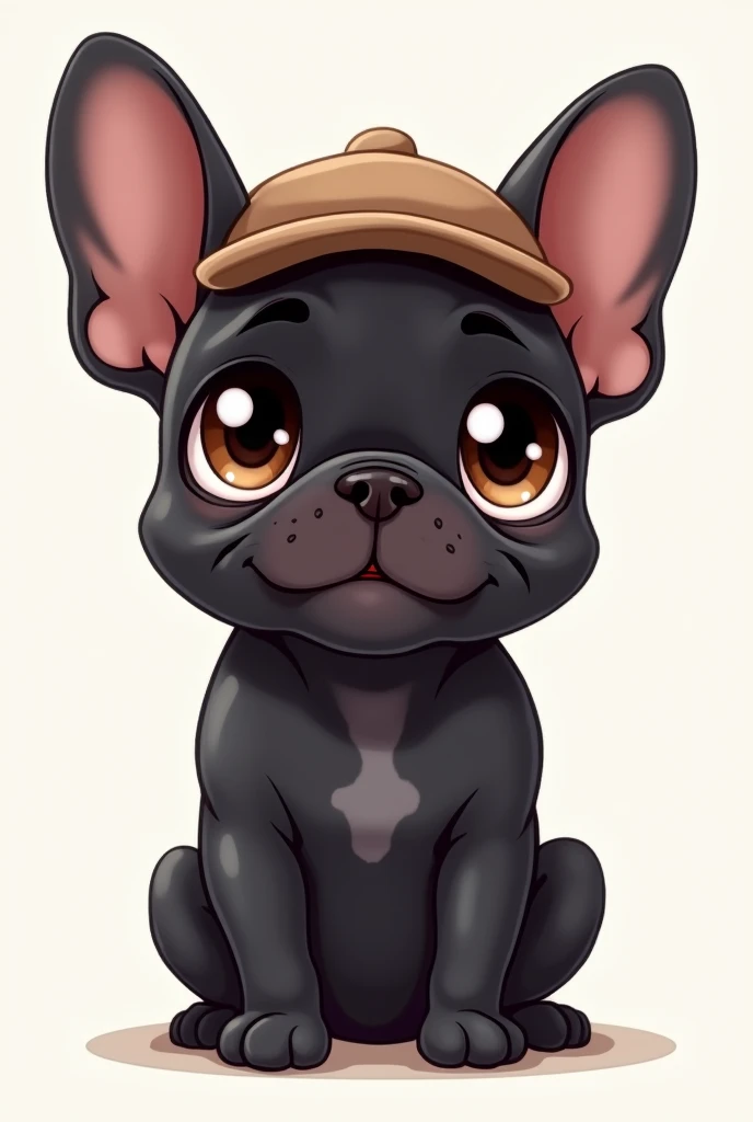 Make me a cute little black French bulldog with a hat on his head and big googly eyes