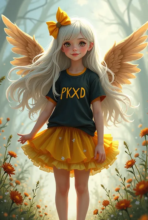 A girl with white and brown long hair wears black and yellow shirt writtin on it pkxd and a yellow and black skirt has blue wings 