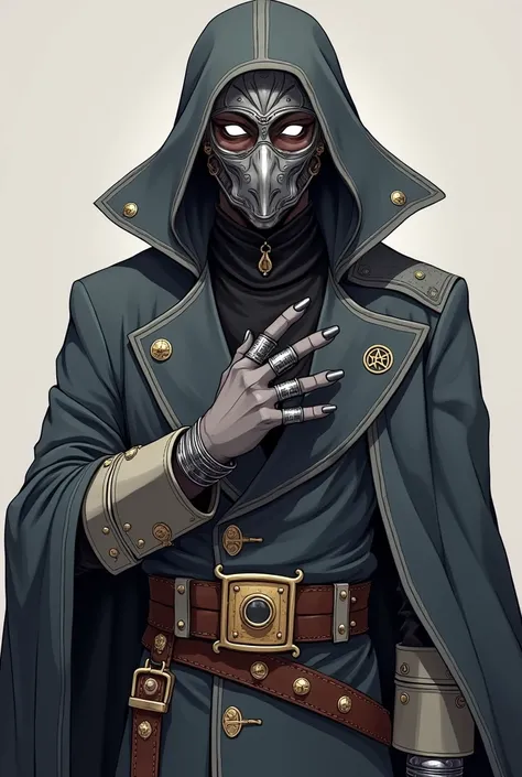  an anime character wearing a graphite gray alchemists coat with silver details,  a metal and leather mask engraved with the mercury symbol ,  a leather belt with small flasks and amulets , some silver rings on the fingers 