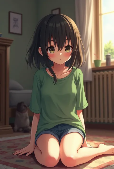 A girl with mid range hair in front of his eyes and with marks on his face anime, skinny body, small breasts, loose green blouse, denim shorts, sitting on the floor, indoor, in a living room.
