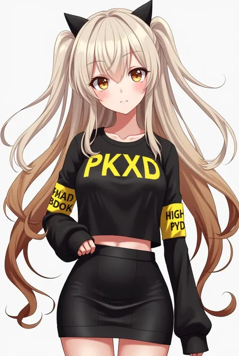 A anime girl with white and brown long hair wears black and yellow shirt writtin on it pkxd and wears an black skirt