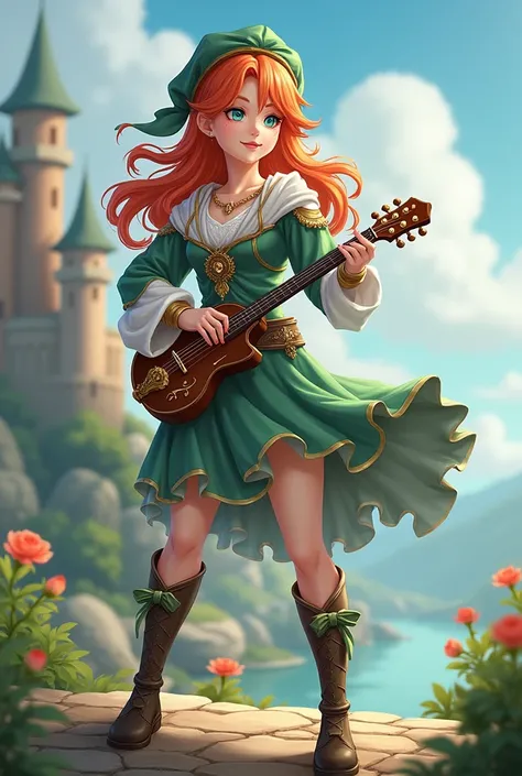 bard young but mature looking woman with small lyre, ginger wavy layered hair, deep blue eyes. fits the style of Mondstadt (genshin impact). she has anemo vision, its color is green and gray. thicker thighs, wider hips and small waist