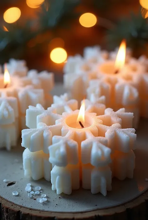 Handmade candles in the shape of Christmas flakes 