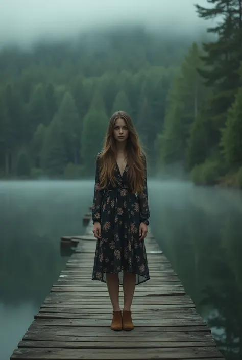  a beautiful brown-haired woman ,  wearing a black floral dress , wearing suede shoes .  is standing looking at the camera

There is a wooden pier that leads to a quiet lake.  The pier is surrounded by dense green trees ,  tranquil and peaceful natural bea...