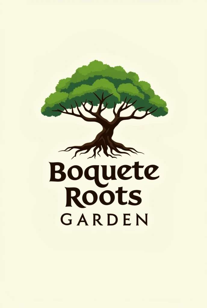 Create a logo that says Boquete roots garden, That it has a tree with roots 