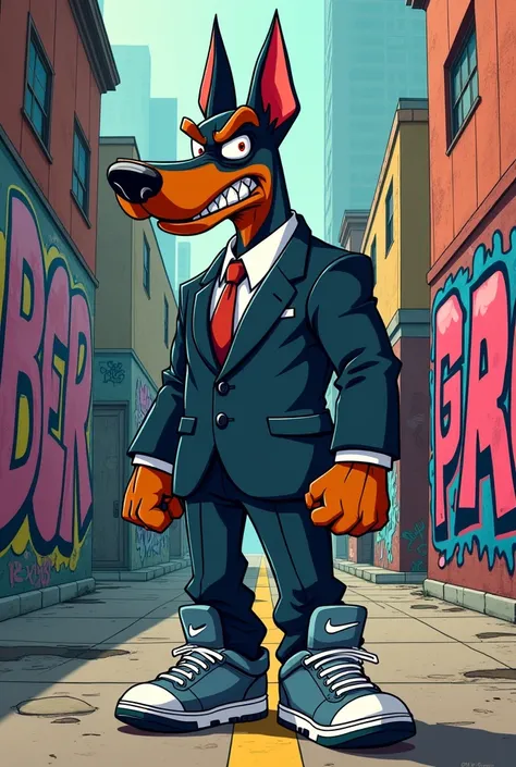 Create an urban cartoon ,  suit and sneakers with an angrily faced Doberman character, Wearing Nike .
 suit and sneakers with DOBERMAN lettering in GRAFFITI lettering