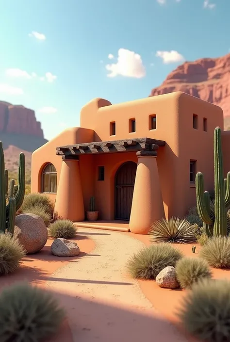 Create a highly detailed and realistic 3D rendering of a Southwestern adobe house with smooth rounded walls, wooden beams, and a desert garden with cacti and succulents. The background should show an expansive desert landscape with red rock formations. The...