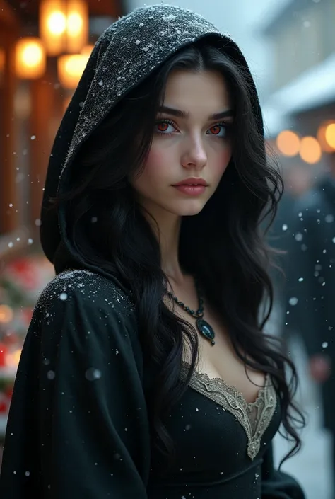 Beautiful girl with wavy long  black hair ,with red eyes wearing winter Victorian short dress ,with hood , Victorian winter market