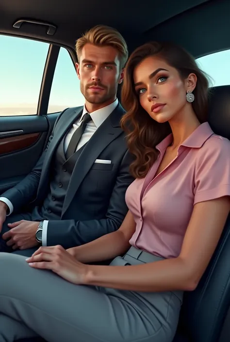  Draw me a pair of a handsome man - Jack ,  car and his beloved Aila in the hyperrealism genre, as described below,  hes the CEO of , he sits with Aila in the back seat of a .  Jack in a suit and tie ,  under the jacket, the vest ,  suit and accessories ar...