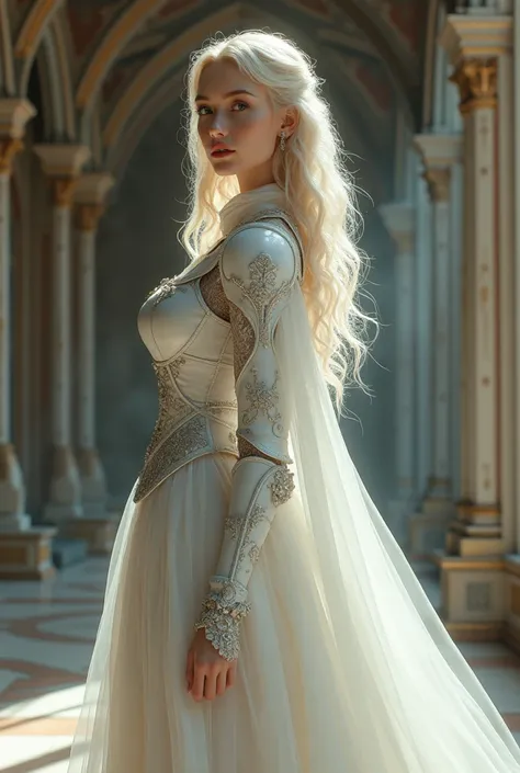 Anti-hero woman long white dress with white armor cute blonde doll mode in castle 
