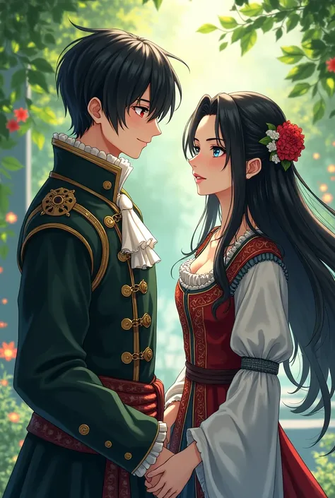 The other day, a black-haired man with red eyes and medieval clothes went to talk to the woman with black hair and blue eyes in medieval clothes in a garden, the woman had a sad face and the man with a cheerful face. 
Anime style 