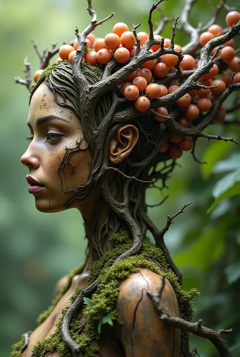 Female Ghoran all made of branches flowers and Wood with 
face Made of Word and branches and round grapes instead of hair no skin only wood 
