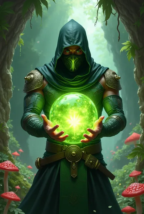 Create Magic the Gathering style a ninja man wearing a green black metallic vest with ornaments with a moss-green energy sphere in his hands with a metallic green mask on his face in a flowery cave