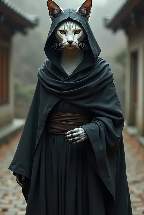 Humanoid black monk cat with gray spots