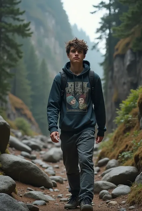 caucasusian teenager man, hoodie with picture, (jogging pants), dark brown messy hair, backpack, realistic, highly detailed, 8k, masterpiece, rocky forest trail background