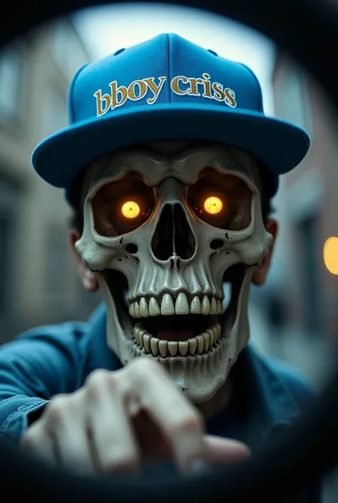 (fish eye) A man with the face of a skull, yellow eyes and who wears a blue rapper cap that has a little hair coming out underneath and on the cap that says BBOY CRISS and who is rapping to the camera 