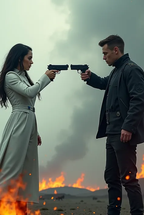 A movie poster .  behind the scenario is futuristic and apocalyptic . There may be fire ,  a gray sky and smoke .  Theres a man and a woman.  The woman has long dark hair ,  white skin and a rounded nose ,  she wears a white battle uniform , She looks like...