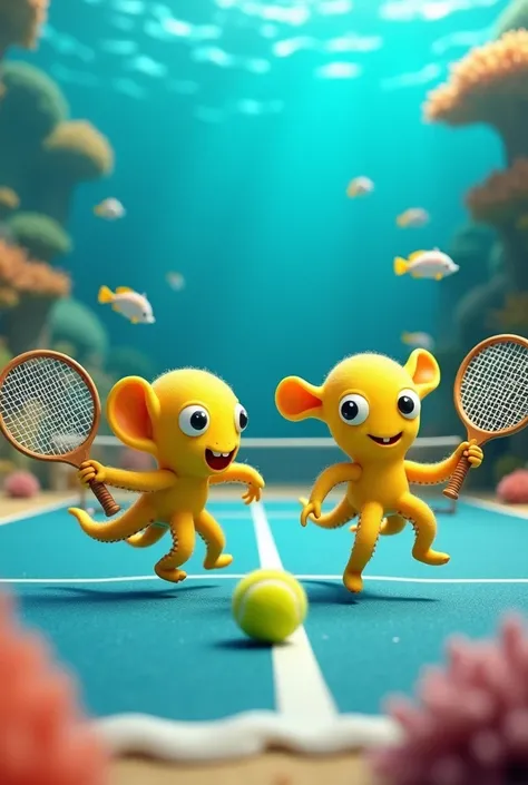 A yellow baby dumbo octopus playing tennis with another octopus