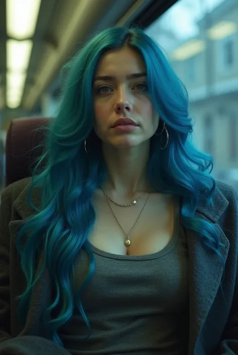 32K:1.9, Horror description:1.9, Very high quality, masterpiece, very high resolution, Professional random angle camera work:1.5, Very detailed, Always accurate, Very detailed, bag, (cute Italian woman with long wavy blue hair, Tank top dress and cardigan:...