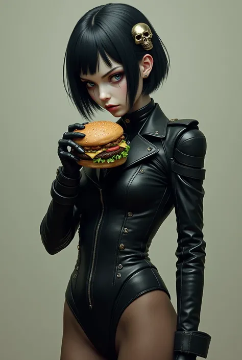 Slim girl with an aggressive bitter face with a dull, almost evil gray skin with short black hair with a brooch in the shape of a skull in her hair with a military woman with black leather with brown tights and black cybernetic combat boots eating a stone ...