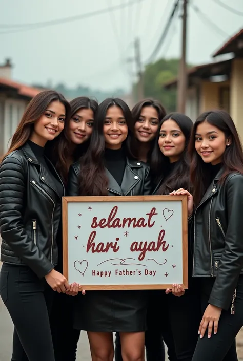 7 beautiful women, sharp noses, wearing leather jackets, smiling, holding a board with the words "Selamat hari ayah" in beautiful letters, on a rural street, half body photo
Aestetic, realistis